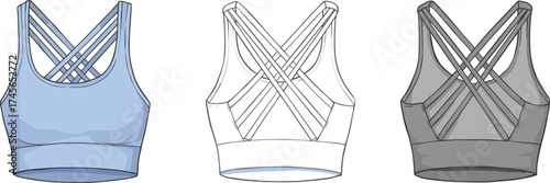 Sports bra back view, strappy design, activewear fashion, lingerie flat sketch, fitness apparel, technical drawing, vector illustration, CAD drawing