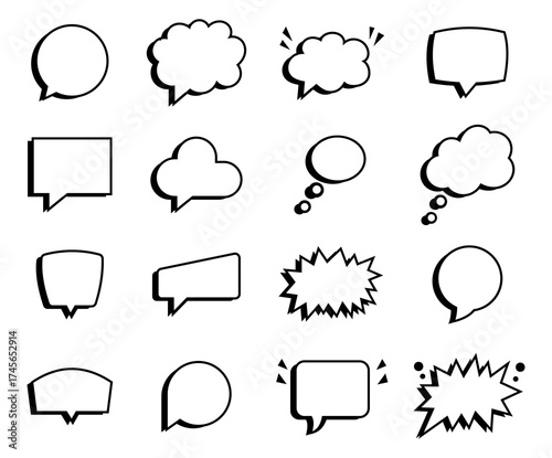 Conjunto de iconos de globos de diálogo tipo cómic. Comunicación, conversación y expresión. Burbujas de discurso estilo nube, cuadrado, circular. Ilustración vectorial