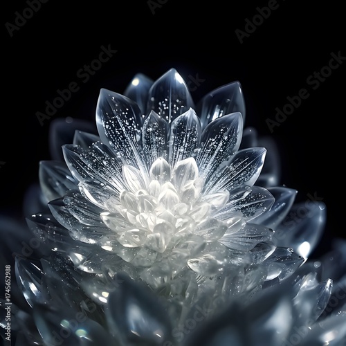 Crystal Lotus Bloom: A mesmerizing close-up of a meticulously crafted, crystal lotus flower. its delicate petals shimmer with an ethereal glow against the dark background. Ai generated image