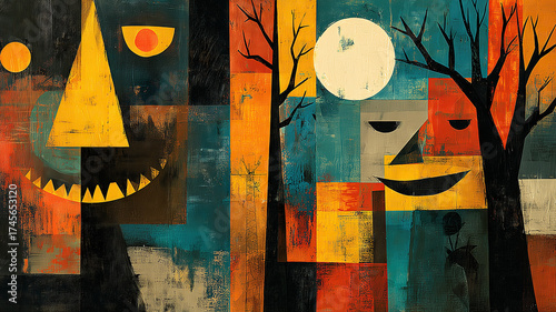 abstract Halloween painting in cubist and surrealist style