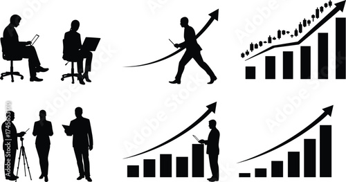 Business growth teamwork, data analysis, bar chart success, corporate strategy, financial progress, office collaboration, upward arrow, professional report, cad drawing flat vector illustration