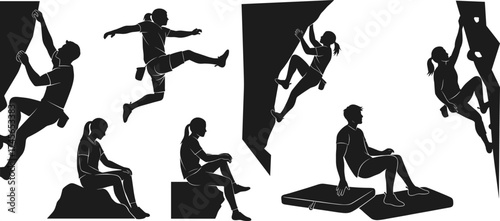 Bouldering silhouettes, rock climbing illustration, indoor climbing wall, extreme sport training, climbers resting, crash pad safety, outdoor adventure, fitness  