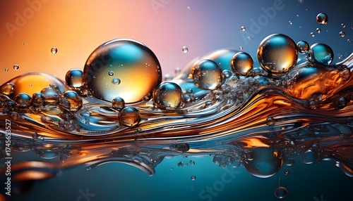 Chromatic Water Spheres: A mesmerizing dance of water spheres cascading across a rippled expanse, capturing the play of light and color in liquid form. Ai generated image