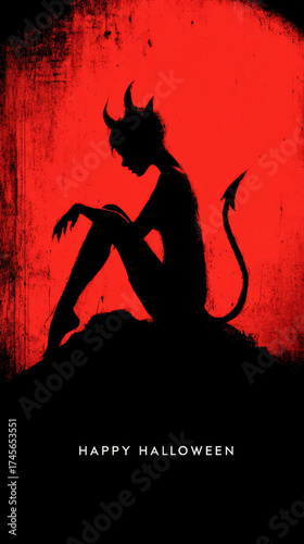 Female Devil silhouette against red background. Happy Halloween. Demon, Devil. Monster poster. Card. Banner. Wallpaper.
