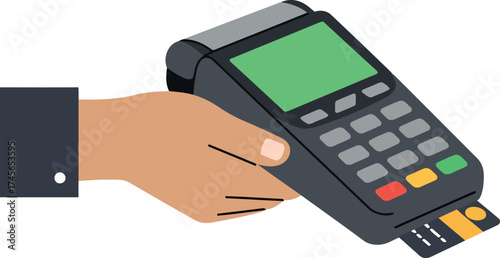 Hand holding pos terminal for credit card payment transaction vector