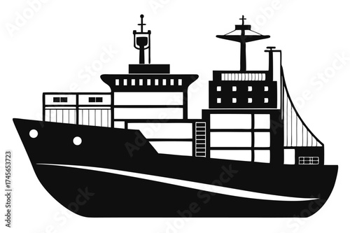Stylized Black Silhouette of a Cargo Container Ship with Detailed Superstructure and Mast