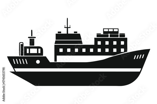 Black Silhouette Illustration of a Cargo Ship with Multiple Decks and Antennas