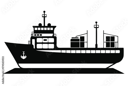 Silhouette Illustration of Cargo Ship with Anchor on Bow, Deck, and Containers