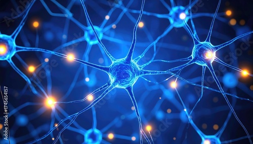 Intricate Blue Neuron Network with Glowing Synaptic Connections
