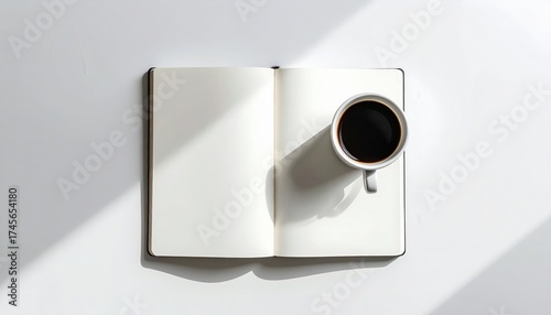 Morning coffee ritual home office flat lay bright natural light top view mindfulness and productivity