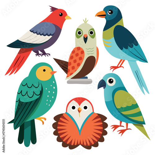 Aviary of Delight: A vibrant collection of charming bird illustrations, each with unique plumage and personality, creating a lively and colorful scene. 