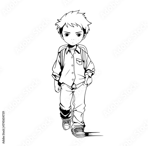 a young boy standing with a serious expression, wearing a casual outfit consisting of a shirt and pantsboy, child, drawing, illustration, school uniform, sketch, stand, walk, wear 