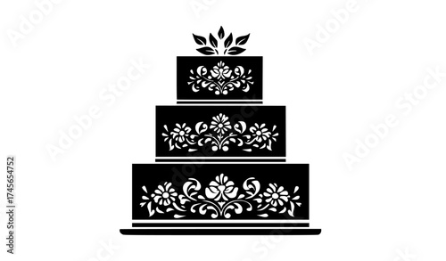a black and white silhouette of a wedding cake with floral designsblack, cake, design, flower, footstall, icon, illustration, peak, pyramid, square, style, wedding cake, white 