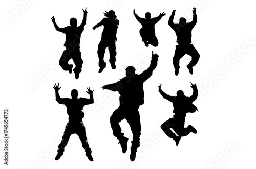 a group of silhouettes of people jumping in the airathletic, illustration, jump, man, martial, person, pose, profile 