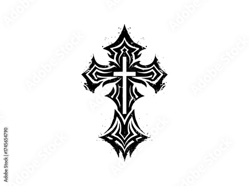 a black and white tribal cross tattoo design on a transparent backgroundblack, cross, design, stab, symbol, tattoo, white 