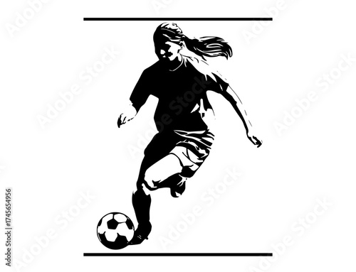 a black and white silhouette of a female soccer player kicking a ballball, black, football, football player, girl, kick, play, profile, sports ball, woman 