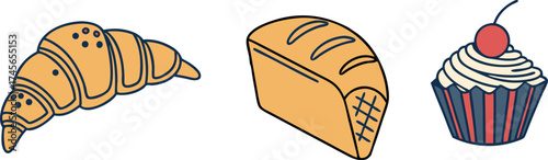 Delicious bakery treats: A tempting croissant, loaf of bread, and cherry cupcake perfect for cafe menus, culinary blogs and delightful food projects