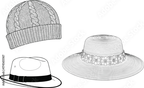 Hat, beanie, fedora, sun hat, fashion hat, women’s hat, men’s hat, stylish headwear, lifestyle accessory, apparel design, clothing template