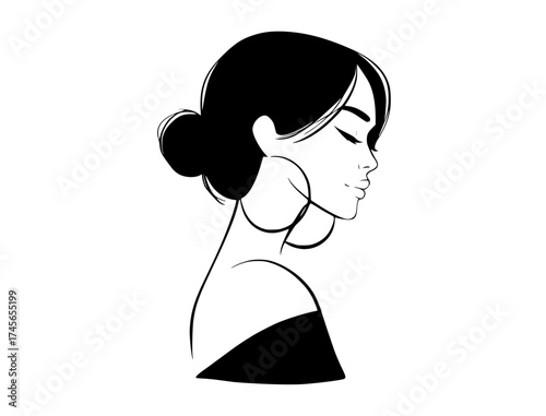 a silhouette of a woman with a bun hairstylebeautiful, black, cosmetic, face, girl, hair, head, illustration, ponytail, portrait, profile, woman 