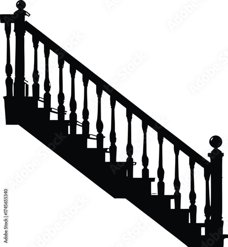 Decorative Staircase Silhouette Vector Featuring Ornamental Railing, Balusters, and Spherical Finials in Black Line Art Style