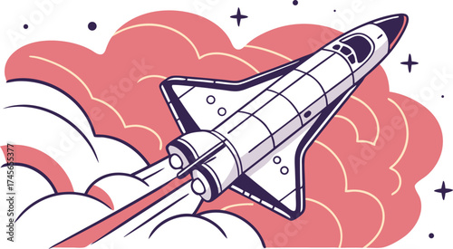 Bold spaceship soars through cloudy cosmos, symbolizing innovation and a vibrant, futuristic vision for tech, space exploration, and exciting new beginnings