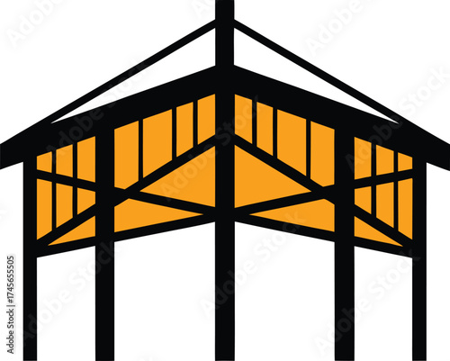 Under construction building skeleton made of girders with blueprint elements
