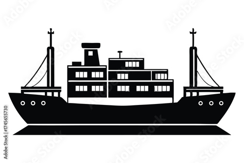 Silhouette of Cargo Ship with Masts, Windows, and Navigation Lights, Illustration Style