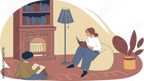 Cozy reading time indoors with a mother and child sharing stories in a warm, inviting atmosphere originally from scalable vector graphics