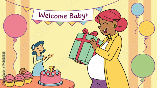 Joyful pregnant woman receiving baby shower gift, surrounded by friends and festive decorations in a heartwarming celebration of new life