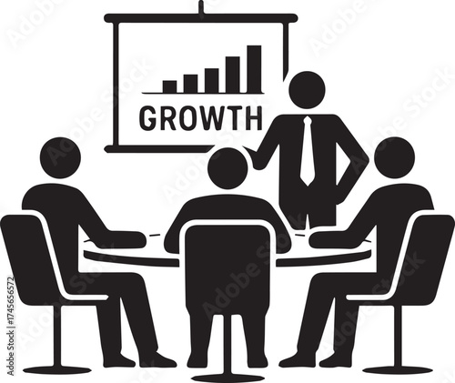 Business Team Meeting with Presenter Discussing Sales Growth Strategy and Progress Chart