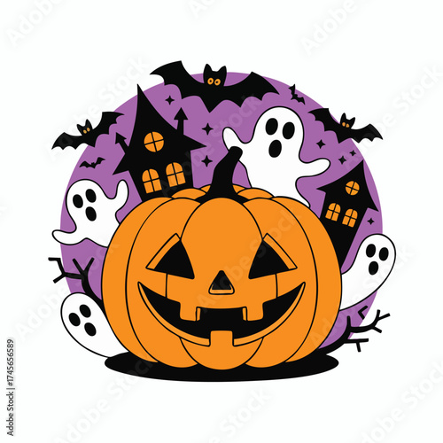Halloween elements pumpkin, gost, bat and house vector