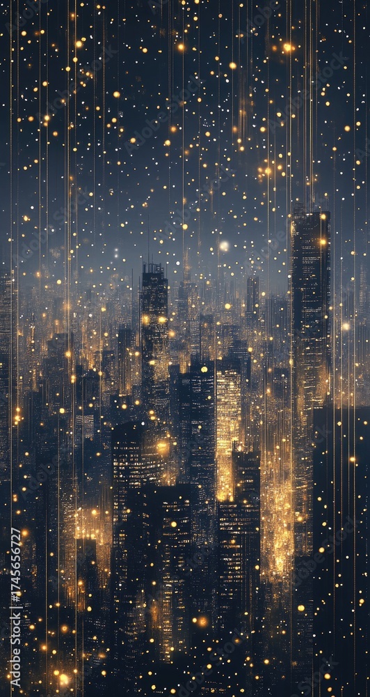 Fototapeta premium Glowing city skyline, bokeh lights cascading down