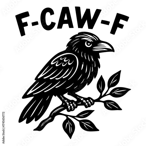 raven perched on leafy branch black and white vector illustration concept of gothic halloween art and dark nature design