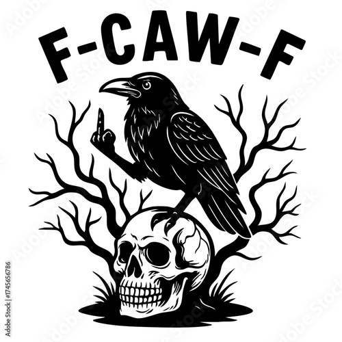raven perched on skull showing rude gesture black and white vector illustration concept of gothic halloween art and dark rebellious design