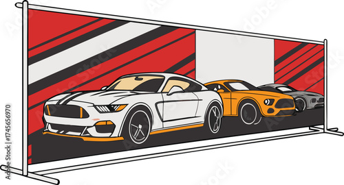 Dynamic car show backdrop featuring classic muscle cars and racing stripes, evoking speed, power, and automotive passion for events and marketing