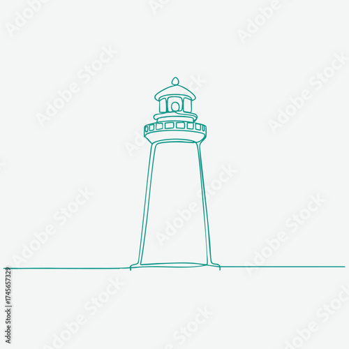 Minimalist Line Drawing of a Tall Lighthouse with a Lantern Room and Balcony on a Calm Coastline