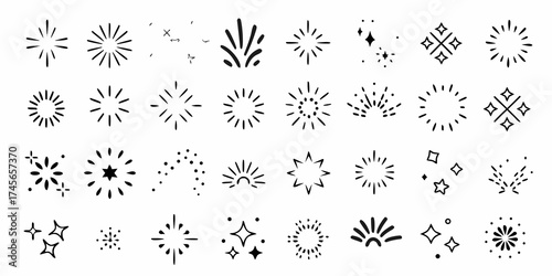 Collection of hand drawn black starbursts and sparkle elements on a white background