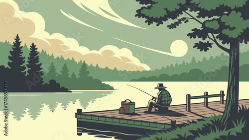 Peaceful lakeside escape for fishing enthusiasts, tranquil outdoor recreation with a fisherman on a dock, serene nature scene in calming green hues
