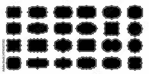 Collection of decorative black frames with silver borders in various ornate shapes and sizes