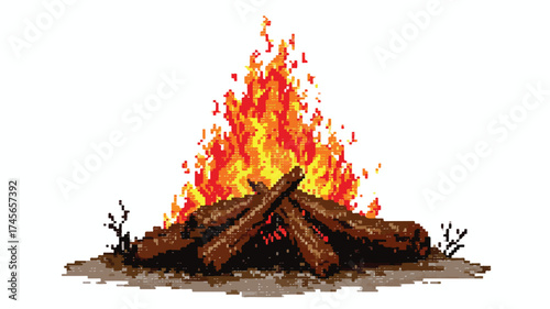 Pixel Art Campfire: 8 Bit Bonfire Flame Fire Wood Heat Cozy Warmth EPS Vector Illustration