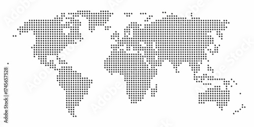 Stylized world map composed of numerous small dark dots on a white background