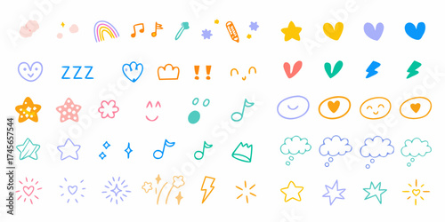 Collection of cute hand drawn doodles and icons featuring stars hearts rainbows music notes and more