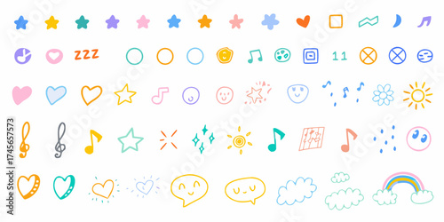 Collection of cute hand drawn doodle icons featuring stars hearts music notes sun clouds and faces