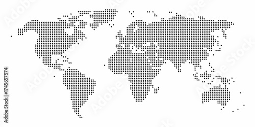 Abstract world map composed of black dots on a white background representing global connections and data visualization