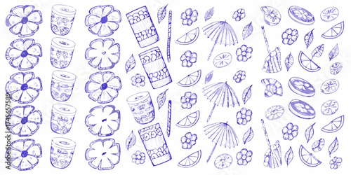 Whimsical hand drawn purple summer vacation elements including flowers drinks citrus slices and umbrellas