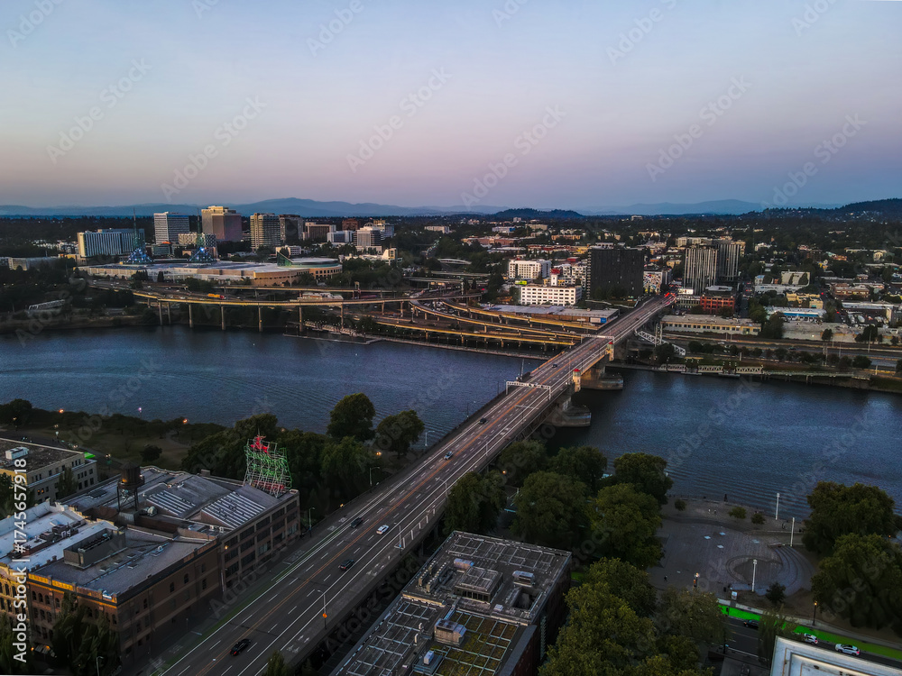 Fototapeta premium Aerial landscape of Central downtown Portland Willamette river city skyline summer night Oregon