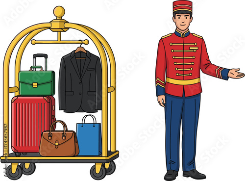 Cartoon hotel bellhop standing with luggage cart full of suitcases and bags, red uniform, service staff illustration, cad drawing flat vector illustration