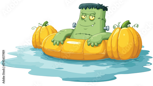 Spooky Halloween Pool Float with Green Frankenstein Pumpkin Character Illustration