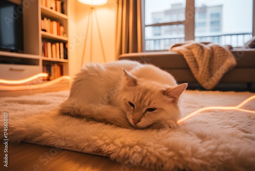 Cozy Indoor Scene with White Cat Resting on Soft Rug in Modern Living Room with Warm Lighting