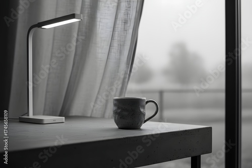Modern desk lamp with coffee mug in serene indoor setting with natural light and soft curtains